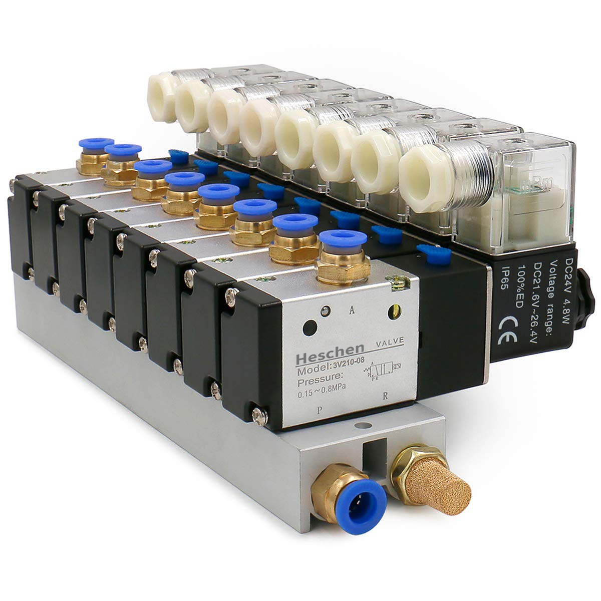 Heschen 8 Space Pneumatic Solenoid Valve 3V210-08 12 VDC/24 VDC/110 VAC/220 VAC PT1/4 2 Position 3 Way Manifold with Base Muffler Quick Fittings Set