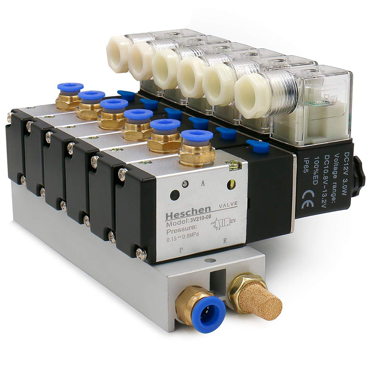 Heschen 6 Space Pneumatic Solenoid Valve 3V210-08 12 VDC/24 VDC/110 VAC/220 VAC PT1/4 2 Position 3 Way Manifold with Base Muffler Quick Fittings Set