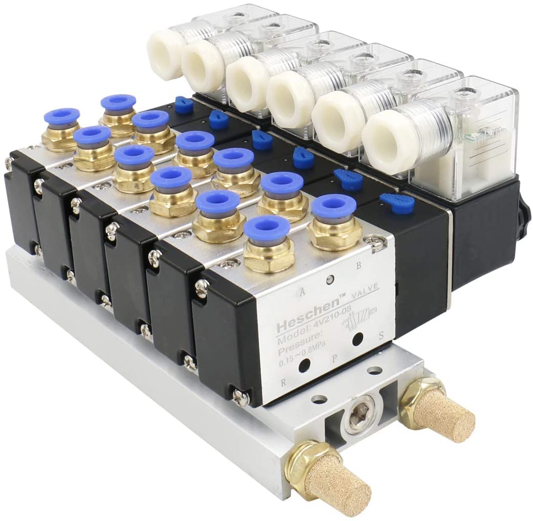 Heschen 6 Space Pneumatic Solenoid Valve 4V210-08 DC12V/DC24V/AC110V/AC220V PT1/4 5 Way 2 Position Manifold Base Muffler Quick Fittings Set