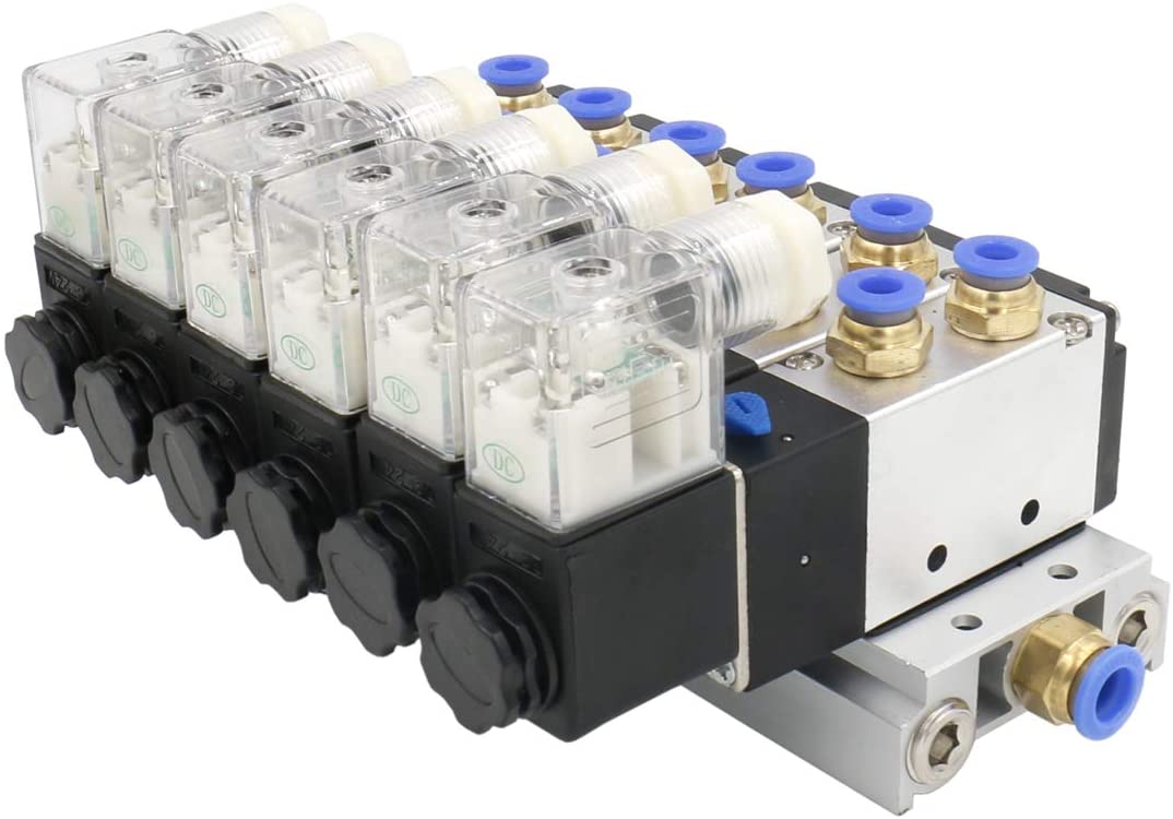 Heschen 6 Space Pneumatic Solenoid Valve 4V210-08 DC12V/DC24V/AC110V/AC220V PT1/4 5 Way 2 Position Manifold Base Muffler Quick Fittings Set