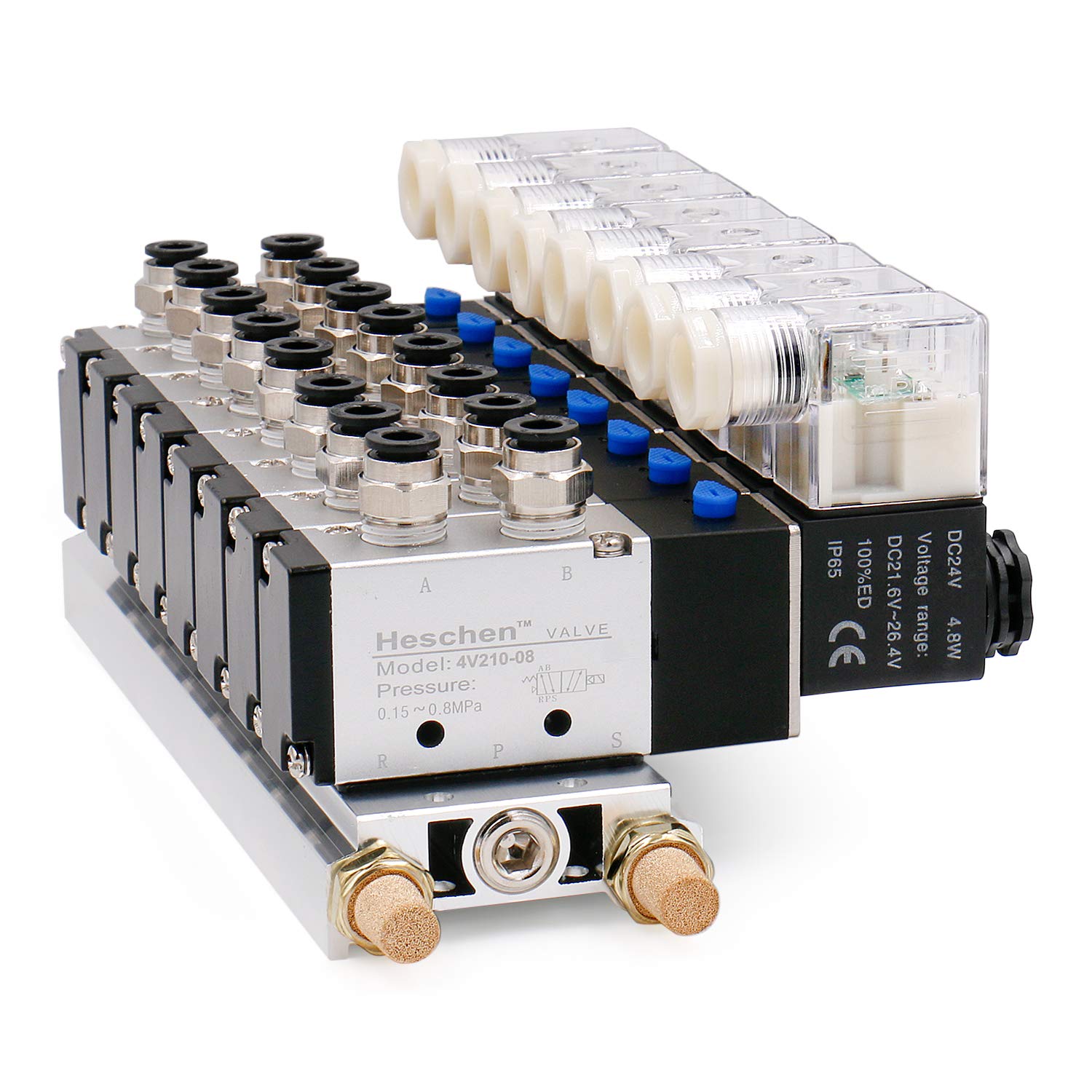 Integrated 8 Space Manifold Solenoid Valve 4V210-08 G1/4 inch 5 Way 2 Position with Base Muffler Quick Fittings Set