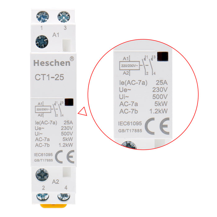 Contacteur AC Heschen CT1-16 16A 4NO Bobine 12V AC - Montage Rail DIN 35mm
