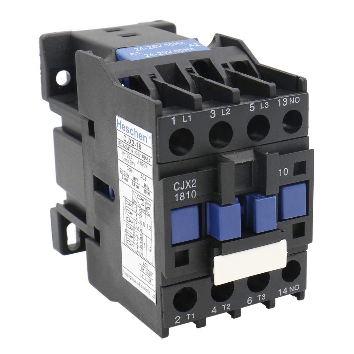 Heschen AC Contactor CJX2-1810 24V 50/60Hz Coil 3P 3 Pole Normally Open Ie 18A Ue 380V