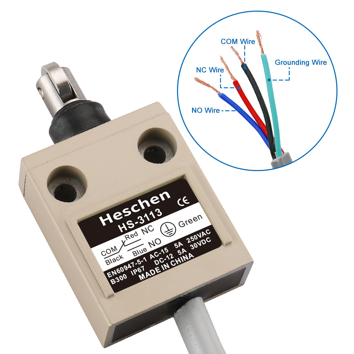 Heschen Limit Switch HS-3113(TZ-3113)  Cross Roller Plunger Sealed Momentary SPDT 1NO 1NC IP67 Waterproof