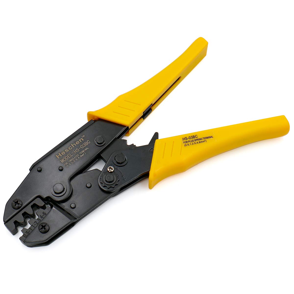 Heschen Ratchet Crimper Plier HS-03BC Non-Insulated Terminals & Receptacle Crimping Tools Use for 0.5-6 mm² (20-10 AWG) Yellow
