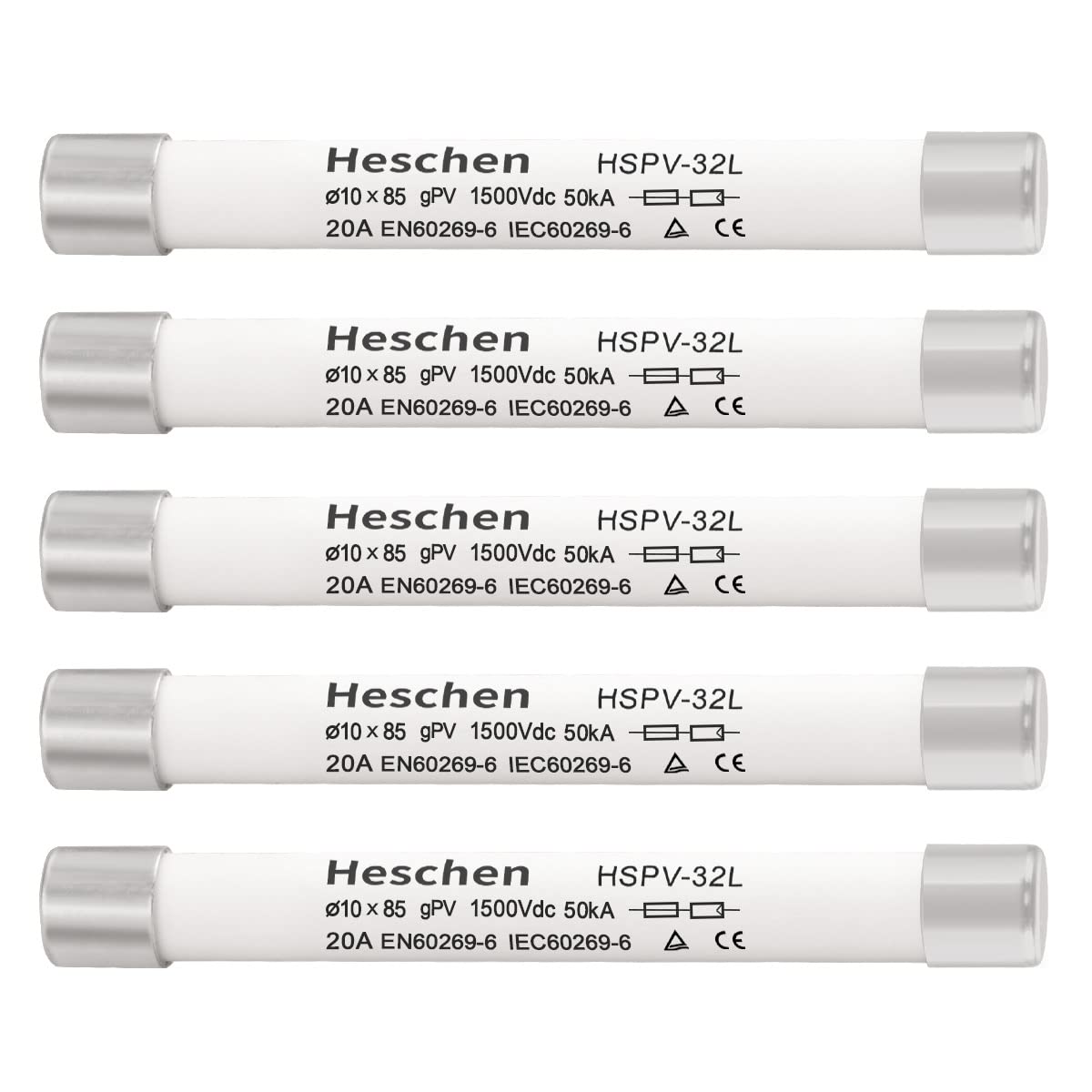 Solar DC1500V PV Fuse, Photovoltaic Fuses, gPV Type Fuse Link, HSPV-32L, 10 x 85mm, 1500VDC, I1 50kA, for Solar PV System Protection, 5PCS