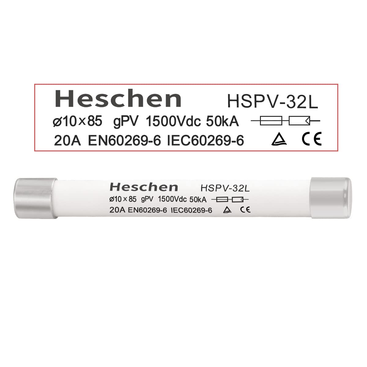 Solar DC1500V PV Fuse, Photovoltaic Fuses, gPV Type Fuse Link, HSPV-32L, 10 x 85mm, 1500VDC, I1 50kA, for Solar PV System Protection, 5PCS