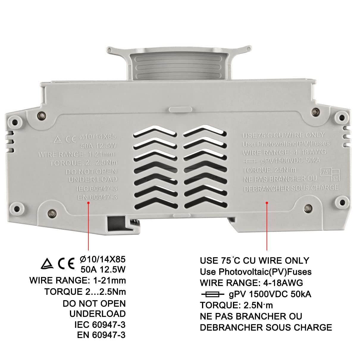 Solar/Photovoltaic Fuse Holder, PV Fuse Holder, HSPV-63LD, DC1500V 50A, 1 Pole, 35mm DIN Rail Mounting, for HSPV-32L HSPV-63L 10/14 * 85mm Fuse, CE Listed