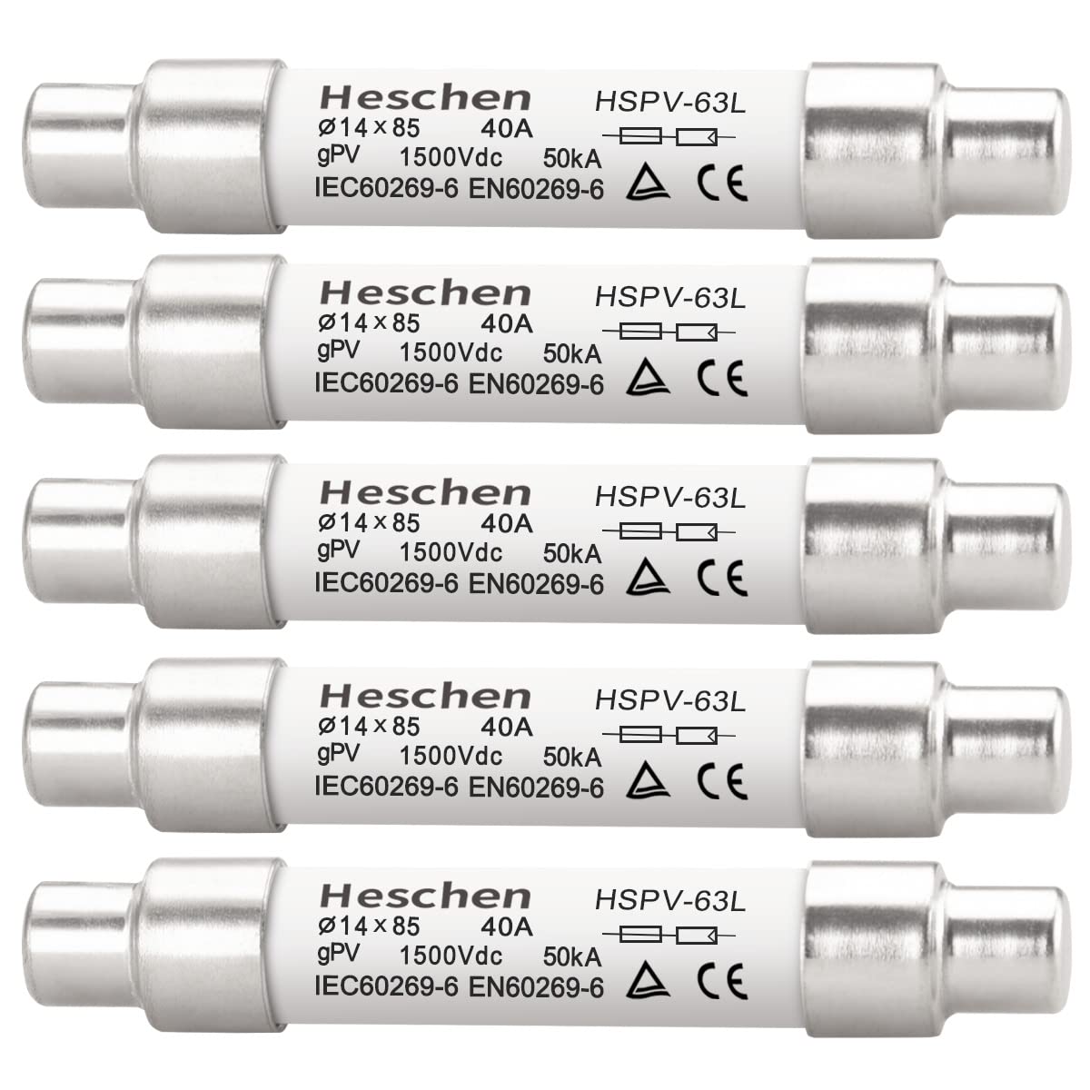 Solar DC1500V PV Fuse, Photovoltaic Fuses, gPV Type Fuse Link, HSPV-63L, 14 * 85mm, 1500VDC, I1 50kA, for Solar PV System Protection, 5PCS