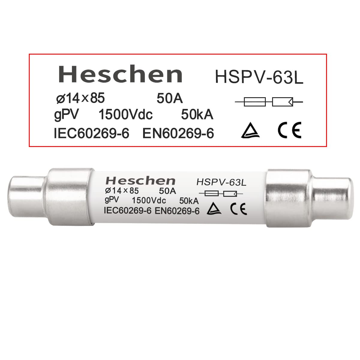Solar DC1500V PV Fuse, Photovoltaic Fuses, gPV Type Fuse Link, HSPV-63L, 14 * 85mm, 1500VDC, I1 50kA, for Solar PV System Protection, 5PCS