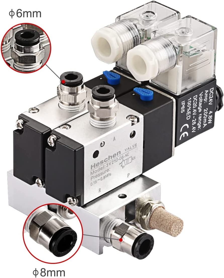 Heschen 2 Space Pneumatic Solenoid Valve 3V210-08 12 VDC/24 VDC/110 VAC/220 VAC PT1/4 2 Position 3 Way Manifold with Base Muffler Quick Fittings Set