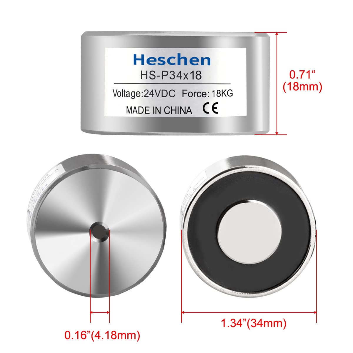 Heschen Electromagnet Magnet Solenoid, HS-P34×18, OD: 34mm, DC 12V/24V, 18Kg/39.7lb