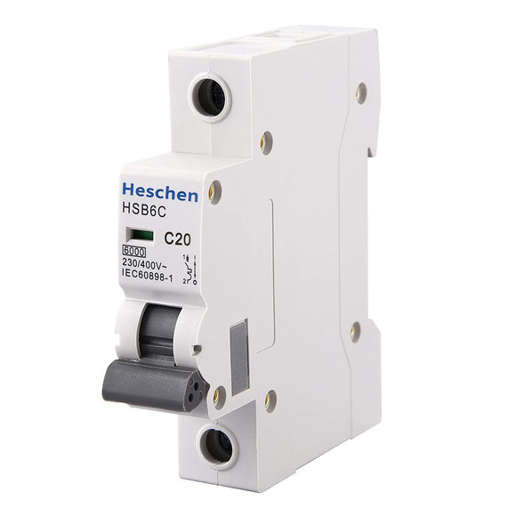 Heschen Miniature Circuit Breaker HSB6C, 20 Amp Current, 1 Pole, Type C, 6kA Breaking Capacity, 35mm DIN Rail Mounting