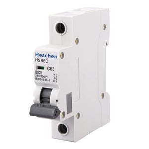 Heschen Miniature Circuit Breaker HSB6C, 63 Amp Current, 1 Pole, Type C, 6kA Breaking Capacity, 35mm DIN Rail Mounting