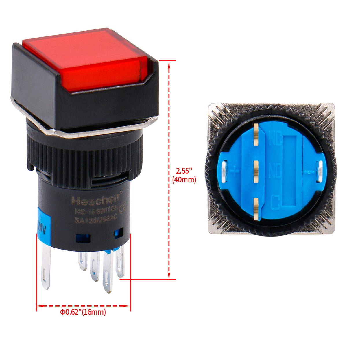 16mm SQUARE Momentary Push Button Switch 1NO 1NC 24V LED Lamp – Heschen