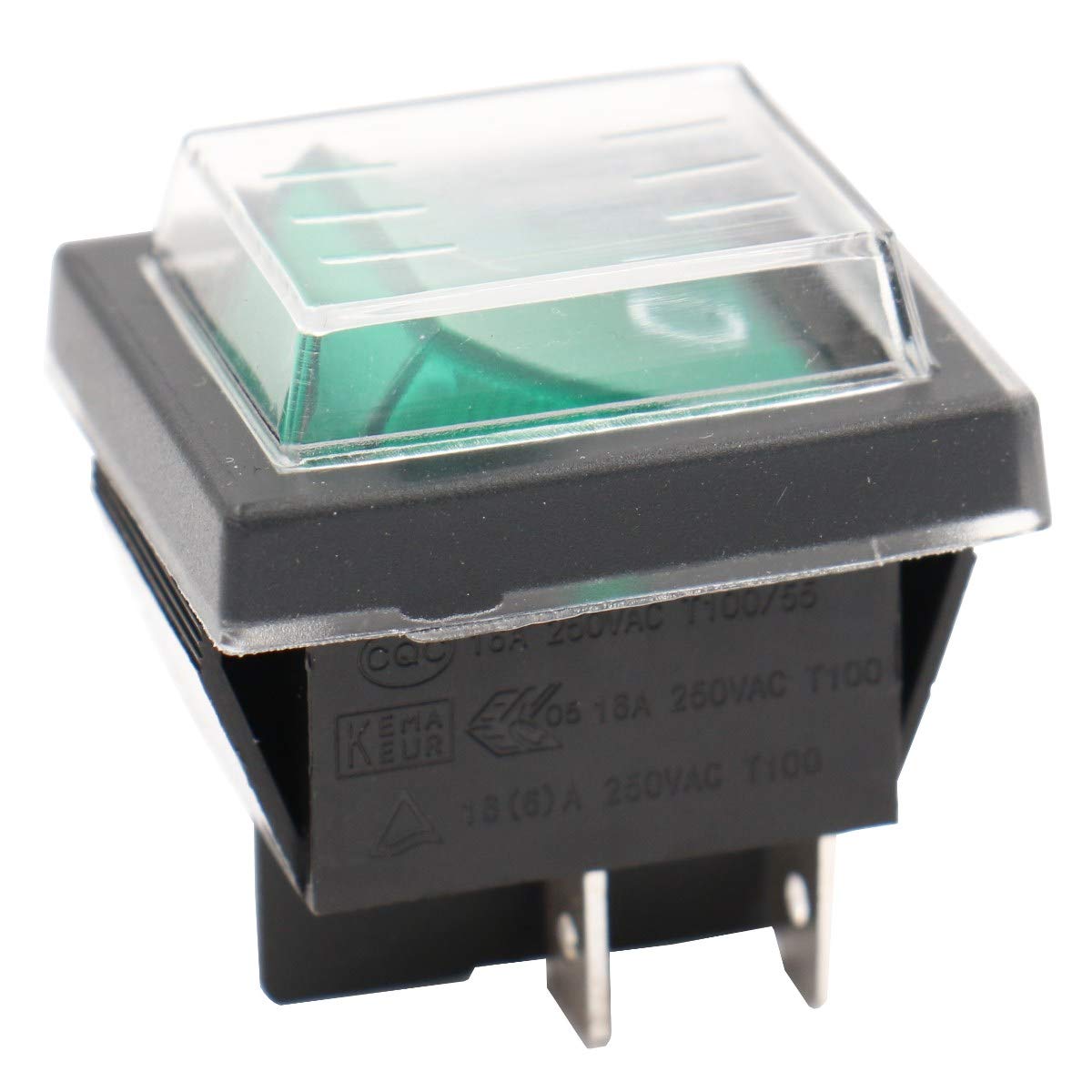 Heschen Rocker Switch ON-OFF DPST 4 Terminals Green Light 16A 250VAC with Waterproof Cover Pack of 10