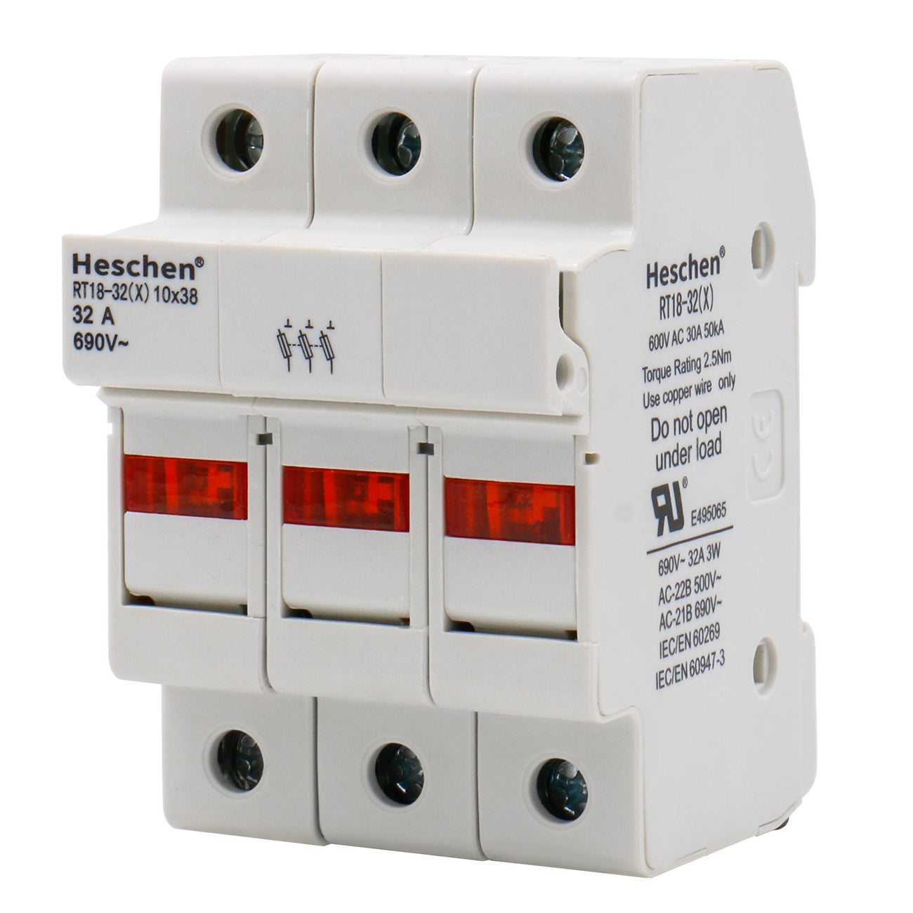 Cylindrical Fuse Holder Base RT18-32(X) 32A AC690V 3 Pole DIN Rail Mounting for 10 x 38mm Fuse CE UL Listed