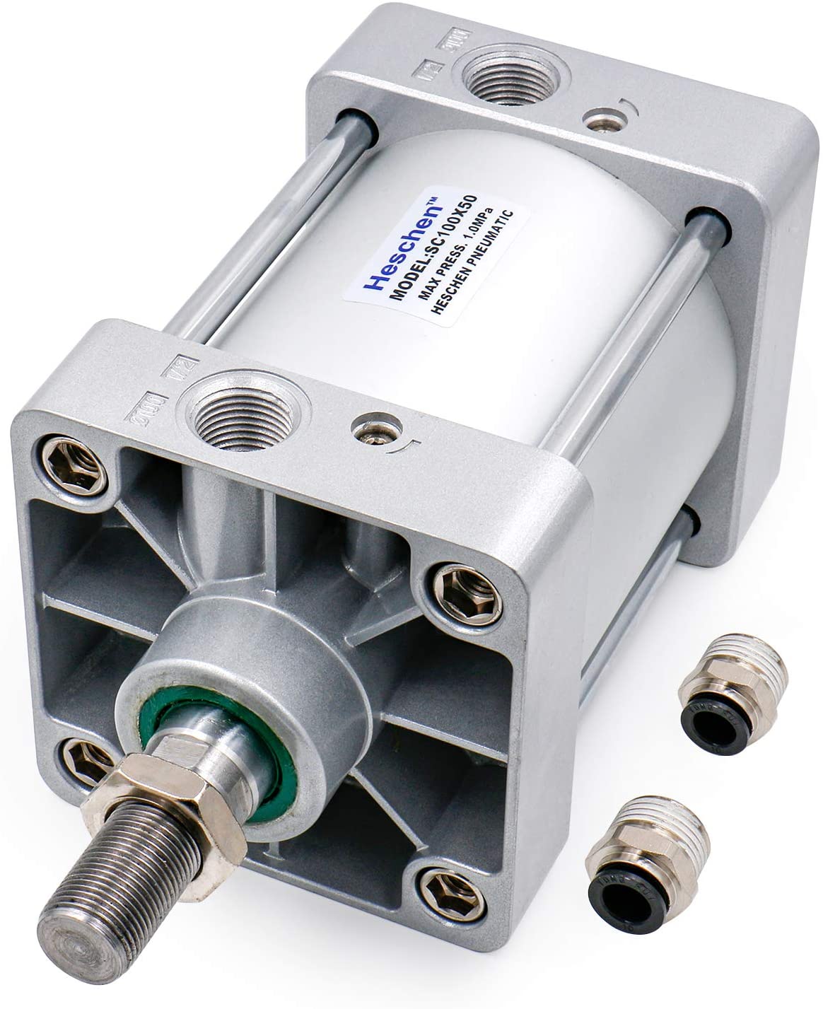 Heschen Pneumatic Air Cylinder SC 100 Series PT 1/2 Port 100mm(4") Bore Screwed Piston Rod Dual Action with 2 Fittings