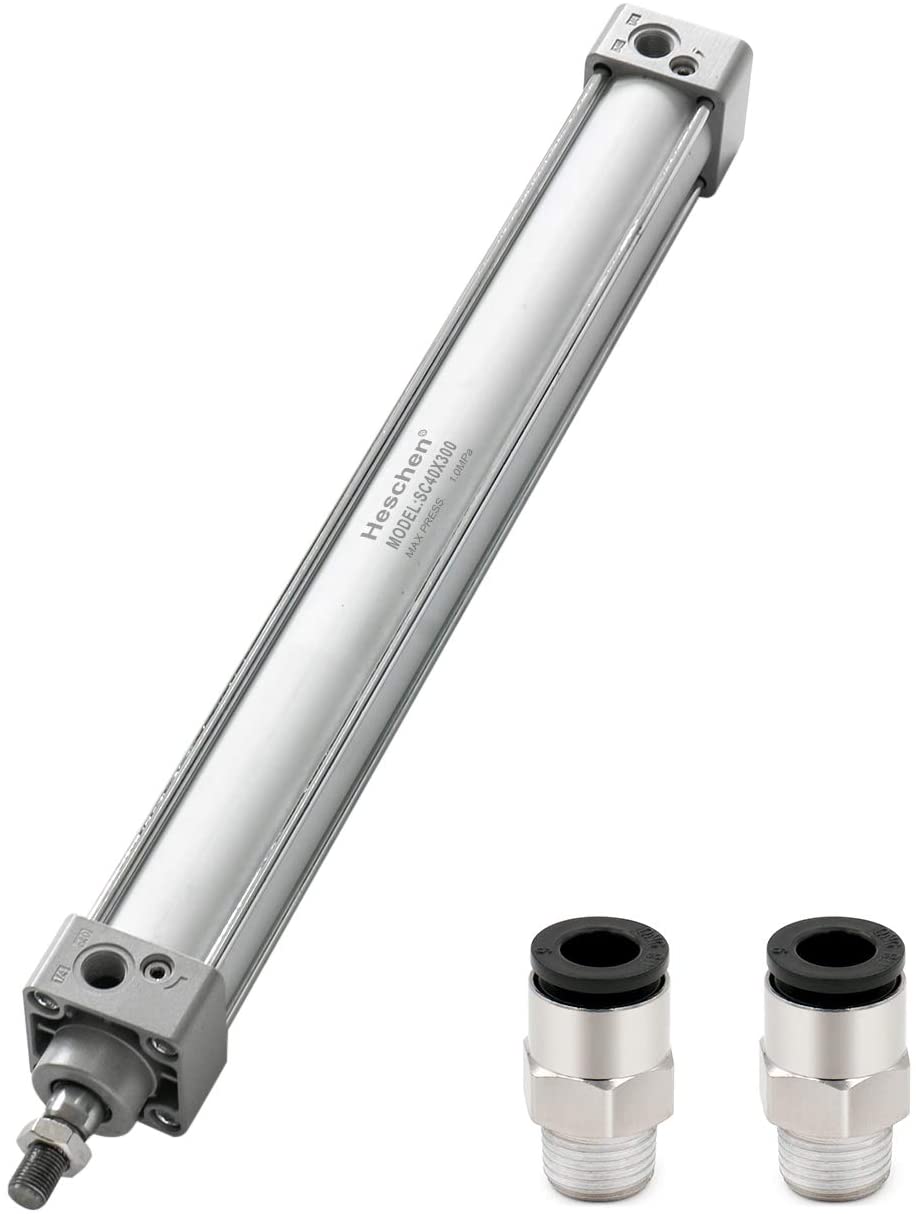 Heschen Pneumatic Air Cylinder SC 40 Series PT 1/4 Port 40mm(1-5/8") Bore Screwed Piston Rod Dual Action with 2 Fittings