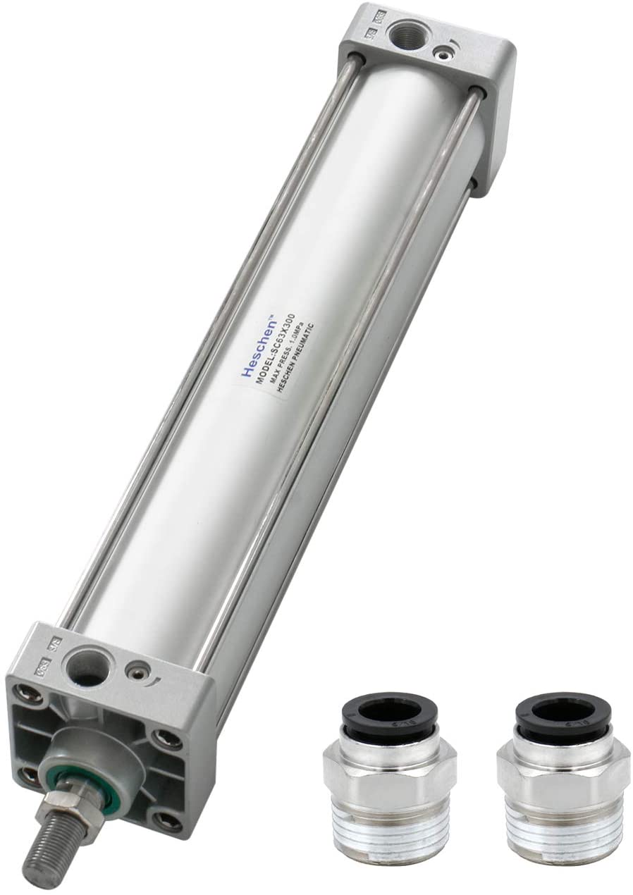 Heschen Pneumatic Air Cylinder SC 63 Series PT 3/8 Port 63mm(2.5") Bore Screwed Piston Rod Dual Action with 2 Fittings