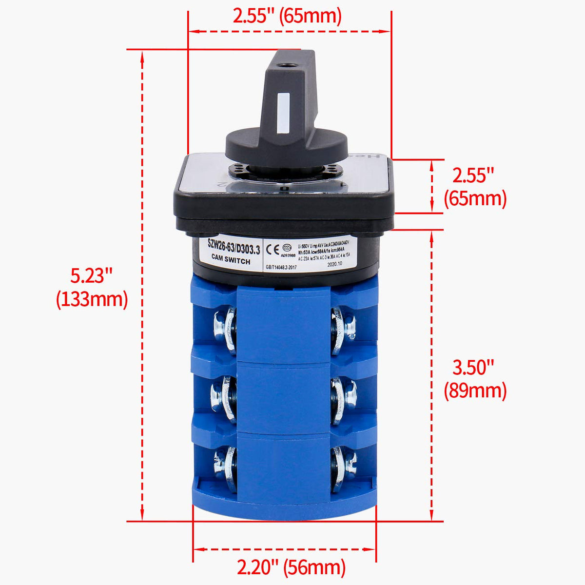 Rotary Cam Selector Changeover Switch 63A ON-OFF-ON 3 Position 3 Phase ...