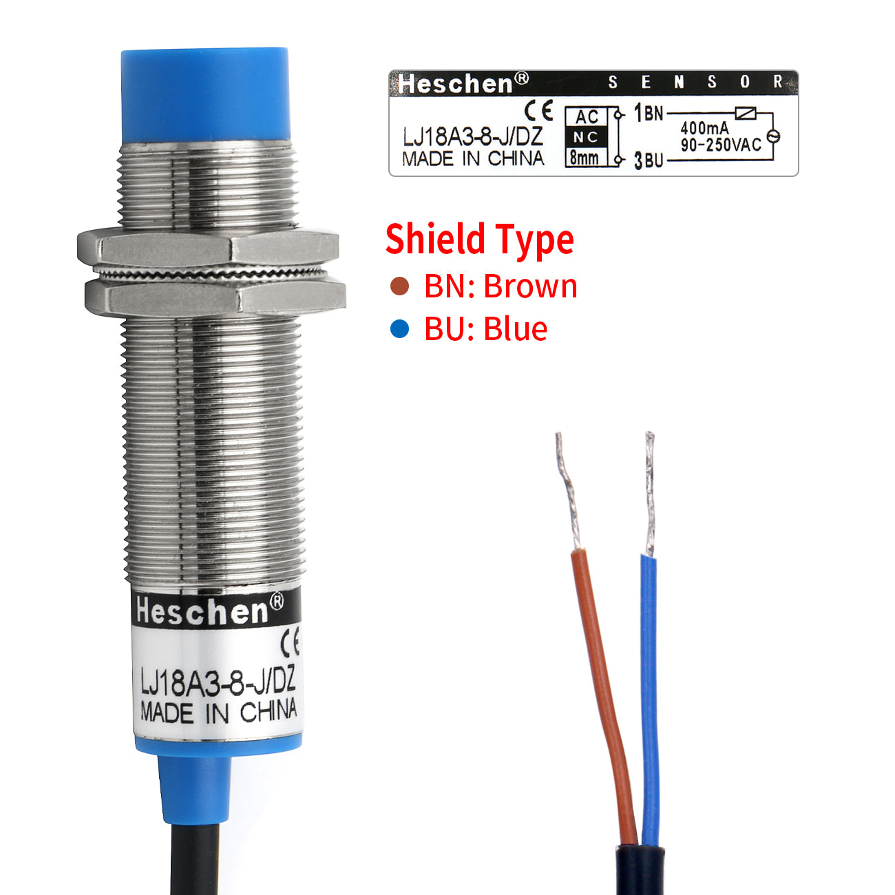 Heschen M18 Inductive Proximity Sensor Switch Non-shield Type LJ18A3-8-J/DZ  Detector 8mm 90-250VAC 400mA Normally Closed(NC) 2 Wire
