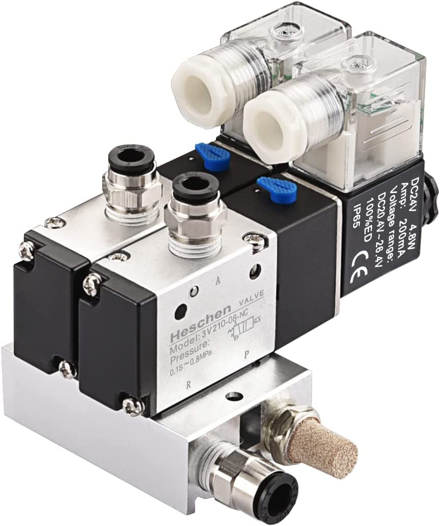 Heschen 2 Space Pneumatic Solenoid Valve 3V210-08 12 VDC/24 VDC/110 VAC/220 VAC PT1/4 2 Position 3 Way Manifold with Base Muffler Quick Fittings Set